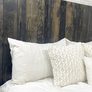 California King size headboard compatible with adjustable bed. Made with vertical wooden pallet boards, tinted with a black oil-based stain. Modern Rustic and country home decor style. Natural real wood.