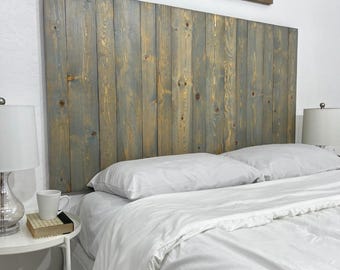 Coastal Slate Bluish-Gray Finish Solid Wood Headboard, Smooth Natural Wood Grain, Handcrafted Wall-Mounted Panels, Coastal Modern Bedroom
