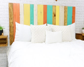 Multicolored Solid Wood Headboard, Wall Mount or Wall Leaning Options, Beach Colors, Coral, White, Yellow, Green, Brown