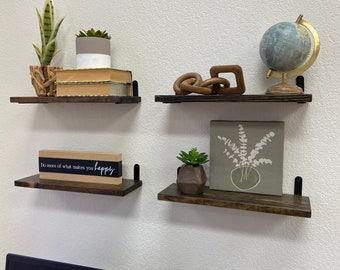 Barn Walls Floating Shelves - Set of Four - Dark Brown, Rustic Design, Wall Mounted, Industrial Black Steel Brackets, Handcrafted.