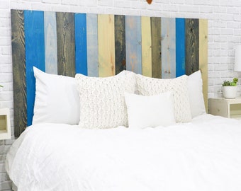 Winter Mix Headboard, Country Bedroom Furniture Style, Rustic Home Decor Adjustable Wall Panels for Bed, Gray, Teal, Blue, Green, Real Wood