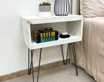 Whitewash Nightstand / Bedside Table. Handcrafted with Real Wood. Hairpin Legs. Easy Installation. Farmhouse Décor.