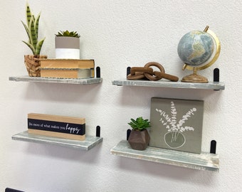 Barn Walls Floating Shelves - Set of Four - Blue Powderwash, Farmhouse Design, Wall Mounted, Industrial Black Steel Brackets, Handcrafted.