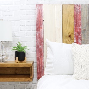 Queen size leaner style headboard built with wood slat with golden brown, antique white, redwash and graywash finish boards, paired with a minimalist golden brown stain matching floating nightstand