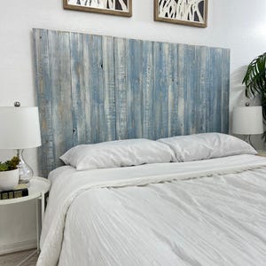 Blue Powderwash Solid Wood Headboard with Smooth Natural Wood Grain, Handcrafted Wall-Mounted Panels, Modern Farmhouse Bedroom Furniture