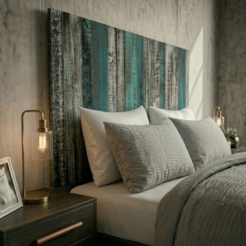 May include: A rectangular headboard featuring vertical wooden planks with a distressed finish in shades of teal, dark grey, and brown. The headboard is positioned behind a bed with white pillows and a textured grey comforter in a bedroom setting.