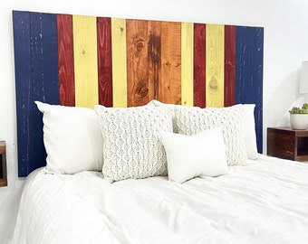 Copper Headboard Design, Rustic Bedroom Furniture Style, Country Home Decor Wood Wall Panels for Bed, Navy Blue Red Yellow and Orange Colors