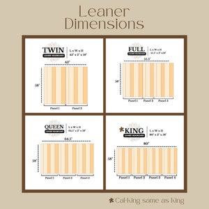 Dimensions infographic of each leaner headboard size. All are 58 inches in height but length varies twin 43, full 55.5, queen 64.5, king and California king 80. The twin size is built with 2 panels, full and queen 3 panels, king and Cal king 4.