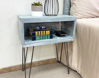 Blue Powderwash Nightstand / Bedside Table. Handcrafted with Real Wood. Hairpin Legs. Easy Installation. Farmhouse Décor.