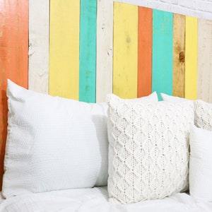 King size wood panel headboard compatible with sleep number bed, stained with a golden brown base exposing the beautiful wood grain patterns from the solid wood pine boards. Accompanied with coral, mint, white and green hues boards

 Hippy home decor