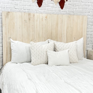 Wood twin headboard style with vertical slats in an antique white weathered and distressed finish, cottage home decor style. Painted with white milk paint and paired with coastal cowgirl antique white floating nightstands style.