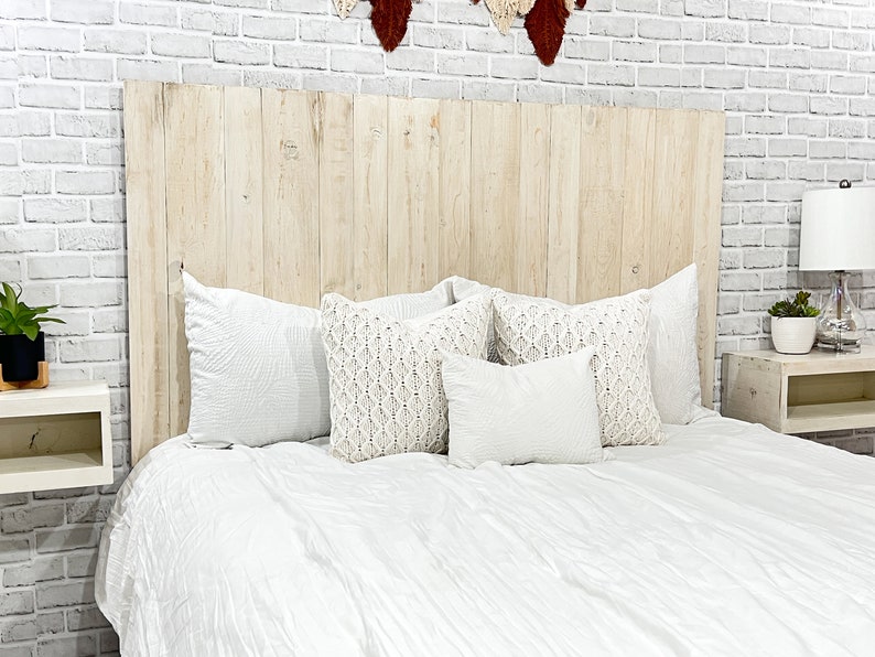 Wood twin headboard style with vertical slats in an antique white weathered and distressed finish, cottage home decor style. Painted with white milk paint and paired with coastal cowgirl antique white floating nightstands style.