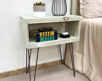 Sagewash Nightstand / Bedside Table. Handcrafted with Real Wood. Hairpin Legs. Easy Installation. Cottage Décor.