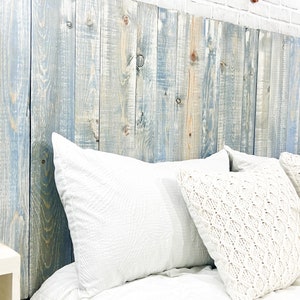 California King size headboard compatible with adjustable bed. Made with vertical wooden pallet boards, tinted with a blue stained, color-washed with white chalk paint. Farmhouse and Cottage home decor style.