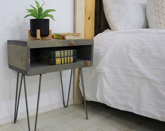 Gray Fog Nightstand / Bedside Table. Handcrafted with Real Wood. Hairpin Legs. Easy Installation. Rustic Décor.