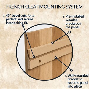 May include: A French cleat mounting system diagram showing a light wood panel with a pre-installed wooden bracket and a wall-mounted bracket. Text labels describe 45-degree bevel cuts, the pre-installed bracket, and the wall-mounted locking bracket.