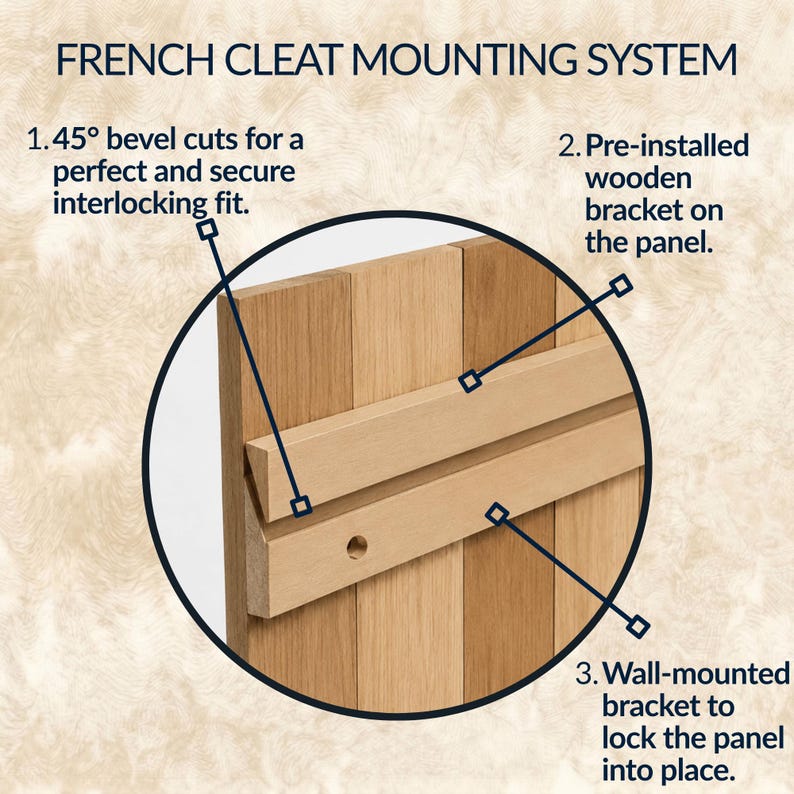 May include: A French cleat mounting system diagram showing a light wood panel with a pre-installed wooden bracket and a wall-mounted bracket. Text labels describe 45-degree bevel cuts, the pre-installed bracket, and the wall-mounted locking bracket.
