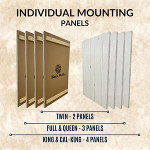 May include: Four rectangular wooden mounting panels with white-painted front surfaces and brown backs featuring the Barn Walls logo. Text indicates: INDIVIDUAL MOUNTING PANELS, TWIN - 2 PANELS, FULL & QUEEN - 3 PANELS, and KING & CAL-KING - 4 PANELS.