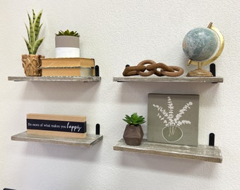 Barn Walls Floating Shelves - Set of Four - Graywash, Farmhouse Design, Wall Mounted, Industrial Black Steel Brackets, Handcrafted.