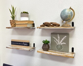 Barn Walls Floating Shelves - Set of Four - Boho Whitewash, Bohemian Design, Wall Mounted, Industrial Black Steel Brackets, Handcrafted.