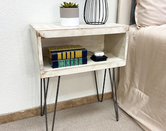 Antique White Nightstand / Bedside Table. Handcrafted with Real Wood. Hairpin Legs. Easy Installation. Farmhouse Décor.