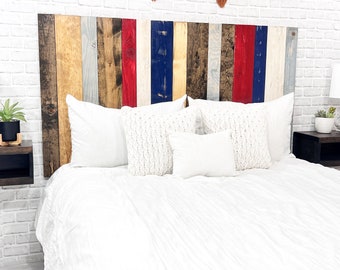 American Flag Rustic Headboard, Solid Wood Bedroom Furniture, Modern Patriotic Gift, Americana Home Decor, Red White Blue and Brown Colors