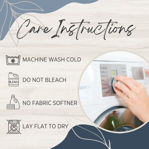 May include: Care instructions for a garment: Machine wash cold, do not bleach, no fabric softener, lay flat to dry. A white washing machine with a hand turning the dial.