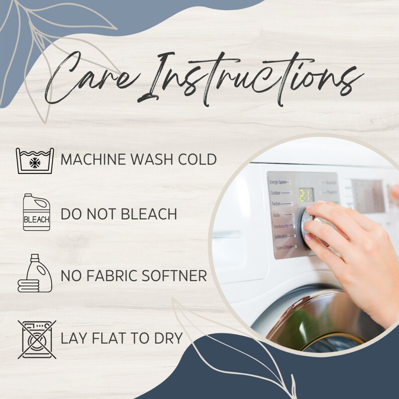 May include: Care instructions for a garment: Machine wash cold, do not bleach, no fabric softener, lay flat to dry. A white washing machine with a hand turning the dial.