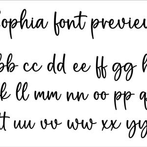 May include: A black digital font display titled Sophia font preview, showcasing the complete alphabet in both uppercase and lowercase letters. The characters are presented in a cursive, handwritten style against a plain white background.