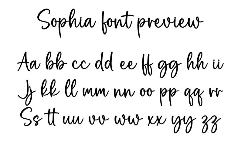 May include: A black digital font display titled Sophia font preview, showcasing the complete alphabet in both uppercase and lowercase letters. The characters are presented in a cursive, handwritten style against a plain white background.