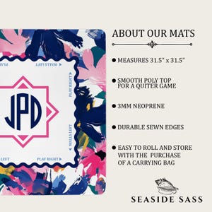 May include: A square game mat measuring 31.5 inches by 31.5 inches, featuring a white center with a navy blue JPD monogram inside a pink star. The border has a navy blue scalloped edge with text, surrounded by a colorful abstract floral pattern.