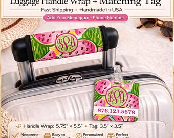 Personalized Luggage Handle Wrap and Tag Set, Custom Monogram Bag Identifier, Neoprene Suitcase Handle Cover, Travel Gift for Women