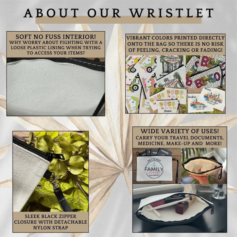 May include: A white wristlet with a black zipper and a detachable nylon strap. The wristlet is open to show a soft interior lining. The wristlet is printed with vibrant colors and has a variety of uses, including carrying travel documents, medicine, and makeup.