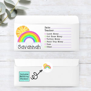 School Money Envelope, Lunch Money, School Supplies, School Organizer, Personalized Envelopes for School, School Form Envelope, Rainbow Gift