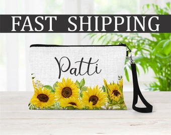 Personalized Sunflower Cosmetic Bag, Sunflower Gift, Sunflower Makeup Organizer, Toiletry Bag, Zipper Pouch, Sunflower Bag, Sunflower lover