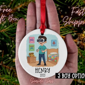 Personalized VR Gamer Boy Ornament, Virtual Reality Boy Ornament, Gamer Gift, Boy Playing VR Headset Ornament, Custom Gaming Ornament