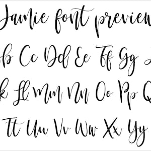 May include: A digital font preview titled Jamie font preview in black script lettering on a white background. The display shows the complete uppercase and lowercase English alphabet from A to Z, featuring a flowing, handwritten calligraphy style.