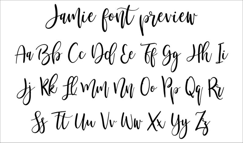 May include: A digital font preview titled Jamie font preview in black script lettering on a white background. The display shows the complete uppercase and lowercase English alphabet from A to Z, featuring a flowing, handwritten calligraphy style.