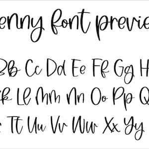 May include: A black digital font preview titled Jenny font preview, displaying the full alphabet in both uppercase and lowercase letters. The typeface features a handwritten, cursive style with varying stroke widths, presented clearly against a plain white background.
