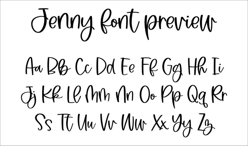 May include: A black digital font preview titled Jenny font preview, displaying the full alphabet in both uppercase and lowercase letters. The typeface features a handwritten, cursive style with varying stroke widths, presented clearly against a plain white background.