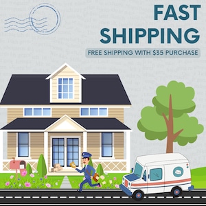 May include: An illustration of a two-story house with a running mail carrier, a mail truck, and the words "FAST SHIPPING". The house is beige with a dark blue roof and a green lawn with flowers. The mail carrier is wearing a blue uniform.