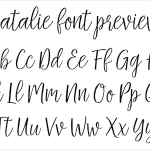 May include: A black script typeface display titled Natalie font preview, featuring the full alphabet in both uppercase and lowercase letters. The characters are presented in a clean, cursive style against a plain white background for clear legibility.