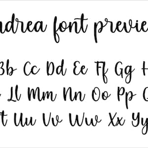May include: A black digital font preview titled Andrea font preview, displaying the full alphabet in both uppercase and lowercase letters. The typeface features a flowing, handwritten script style with consistent black lettering on a white background.