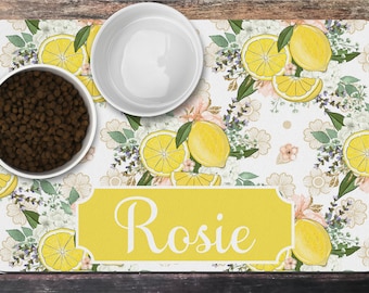 Personalized pet mat, Pet feeding mat, custom pet bowl mat, new puppy supplies, pet bowl, pet placemat, lemon feeding mat