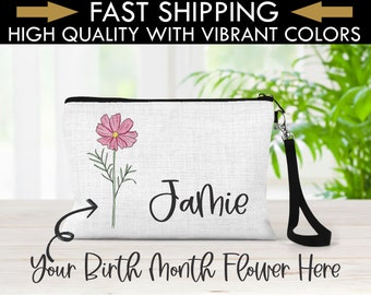 Personalized Birth Month Flower Bag, Mother's Day Gift, Custom Birth Flower Toiletry Bag, Birth Flower Bag, Birth Flower, Personalized Gift