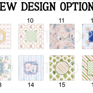 K&ouml;nnte beinhalten: Bild mit acht quadratischen Designoptionen mit floralen, gestreiften und gemusterten Hintergr&uuml;nden. Jedes Quadrat hat ein einzigartiges Design, darunter Blumenarrangements, Spielkarten und geometrische Muster. Der Text "NEW DESIGN OPTIONS" befindet sich oben.