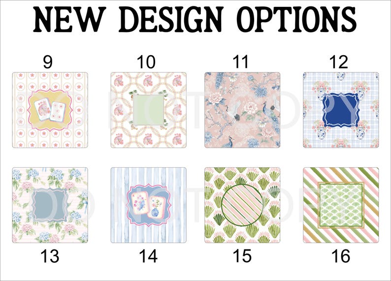 K&ouml;nnte beinhalten: Bild mit acht quadratischen Designoptionen mit floralen, gestreiften und gemusterten Hintergr&uuml;nden. Jedes Quadrat hat ein einzigartiges Design, darunter Blumenarrangements, Spielkarten und geometrische Muster. Der Text "NEW DESIGN OPTIONS" befindet sich oben.