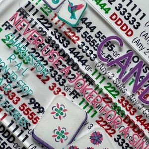 Pu&ograve; includere: Primo piano di tessere di gioco colorate e pezzi di gioco in acrilico trasparente. Le tessere presentano vari disegni, tra cui punti, un colibr&igrave; e motivi floreali. Il testo include "NEVER USE 2A", "JOKER FOR CASINO" e numeri.