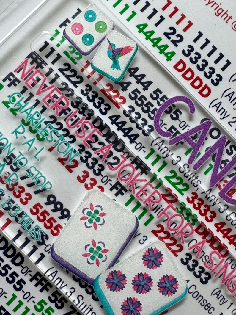 Pu&ograve; includere: Primo piano di tessere di gioco colorate e pezzi di gioco in acrilico trasparente. Le tessere presentano vari disegni, tra cui punti, un colibr&igrave; e motivi floreali. Il testo include "NEVER USE 2A", "JOKER FOR CASINO" e numeri.