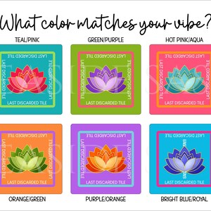 Puede incluir: Una pantalla gr&aacute;fica titulada What color matches your vibe? que presenta seis azulejos cuadrados con ilustraciones de flores de loto. Cada azulejo muestra el texto LAST DISCARDED TILE en un borde cuadrado alrededor de la flor.